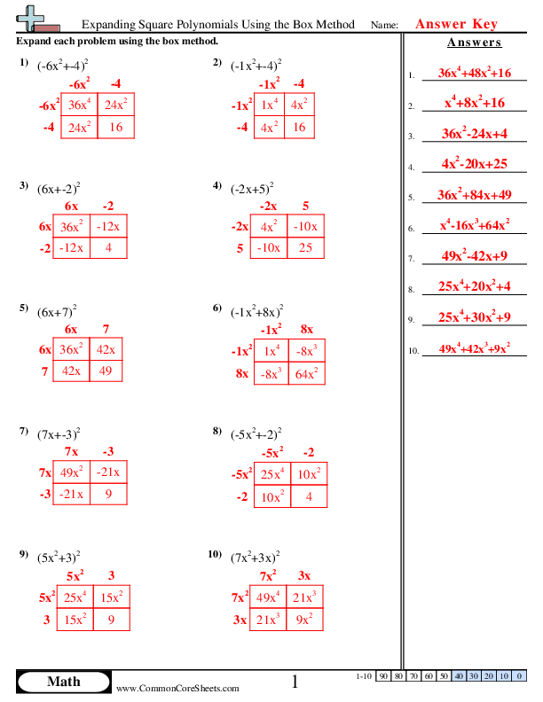  - Expanding Square Polynomials Using the Box Method worksheet